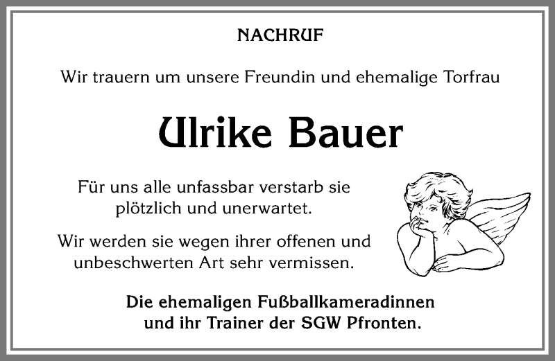 Traueranzeige von Ulrike Bauer von Allgäuer Zeitung, Füssen