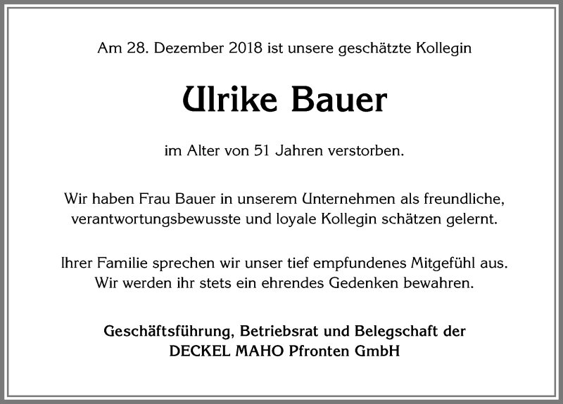 Traueranzeige von Ulrike Bauer von Allgäuer Zeitung, Füssen