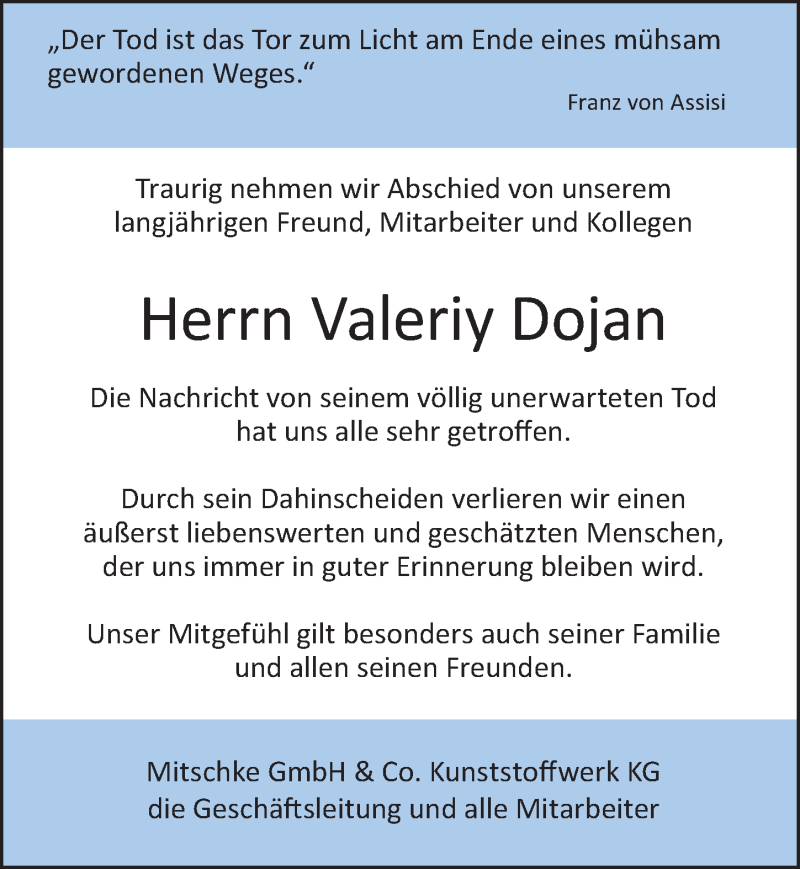 Traueranzeige von Valeriy Dojan von Allgäuer Zeitung