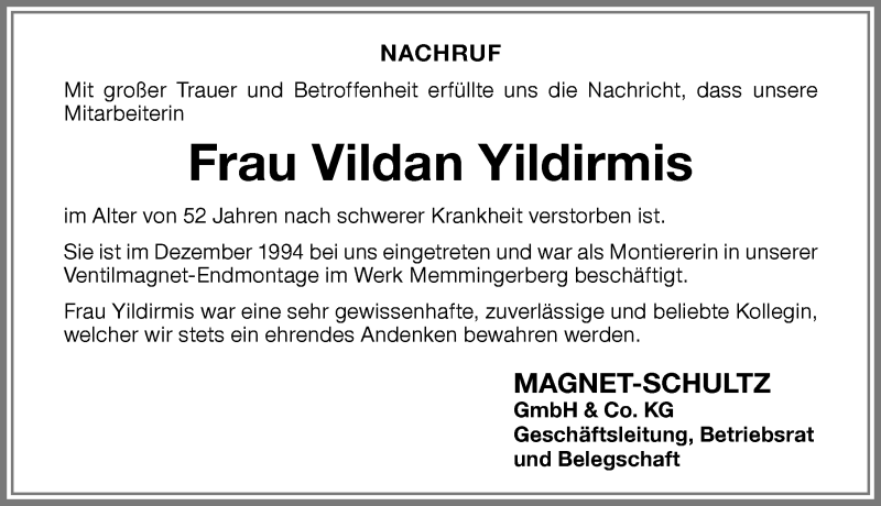 Traueranzeige von Vildan Yildirmis von Memminger Zeitung