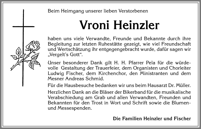 Traueranzeige von Vroni Heinzler von Allgäuer Zeitung, Kaufbeuren/Buchloe