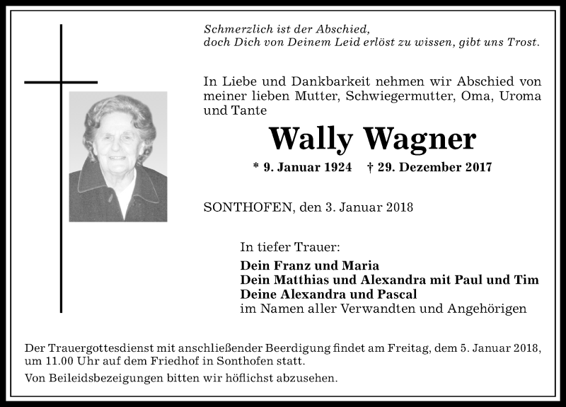 Traueranzeige von Wally Wagner von Allgäuer Anzeigeblatt