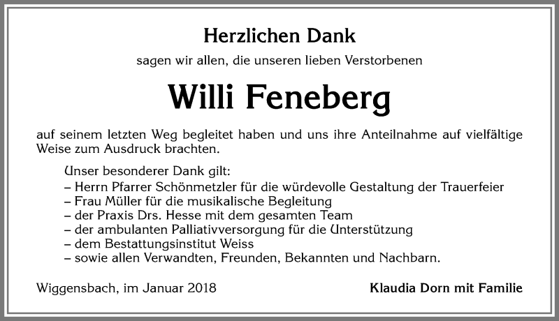 Traueranzeige von Willi Feneberg von Allgäuer Zeitung,Kempten