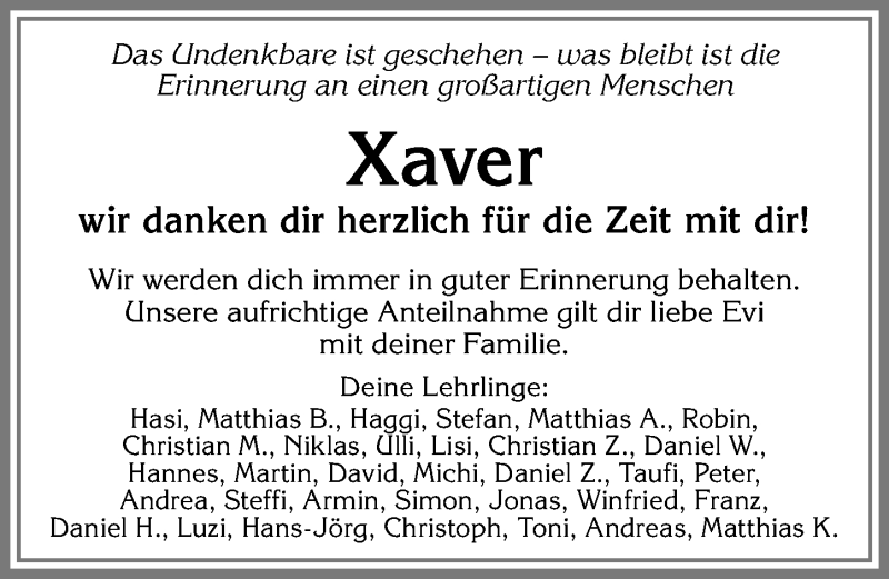 Traueranzeige von Xaver  von Allgäuer Zeitung,Kempten