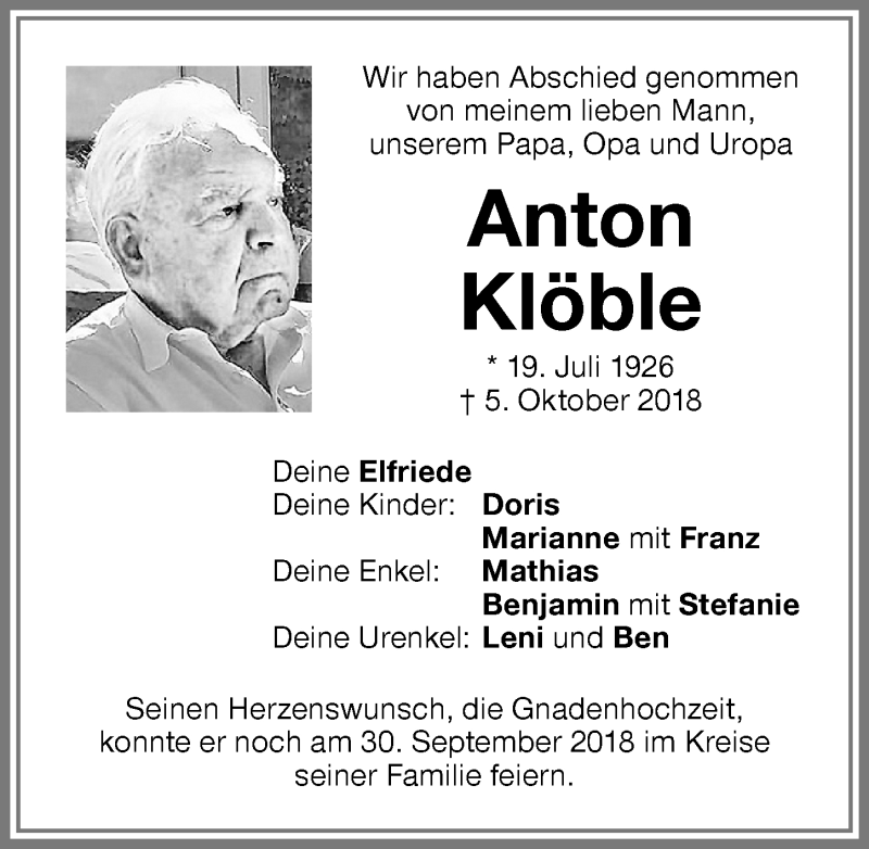 Traueranzeige von Anton Klöble von Memminger Zeitung