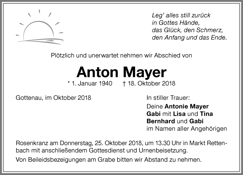 Traueranzeige von Anton Mayer von Memminger Zeitung