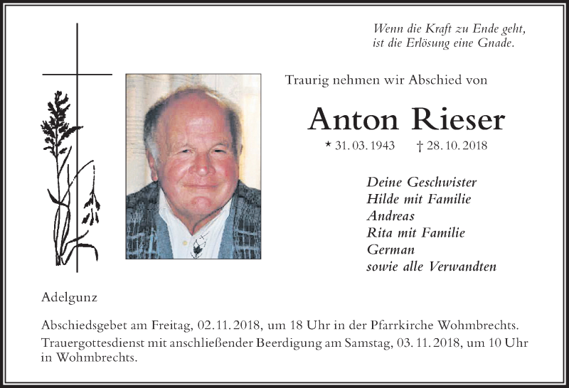 Traueranzeige von Anton Rieser von Der Westallgäuer