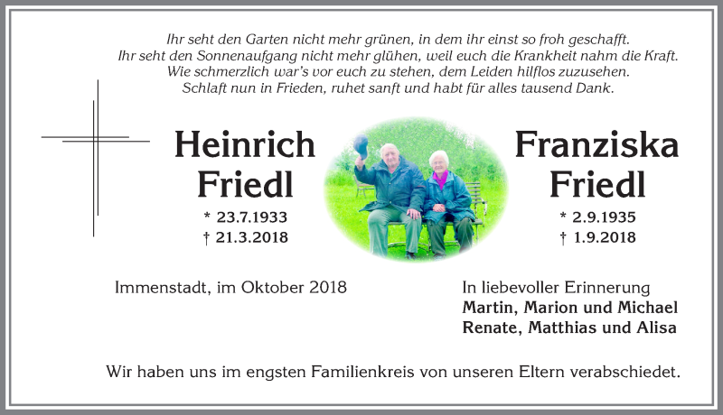 Traueranzeige von Franziska Friedl von Allgäuer Anzeigeblatt