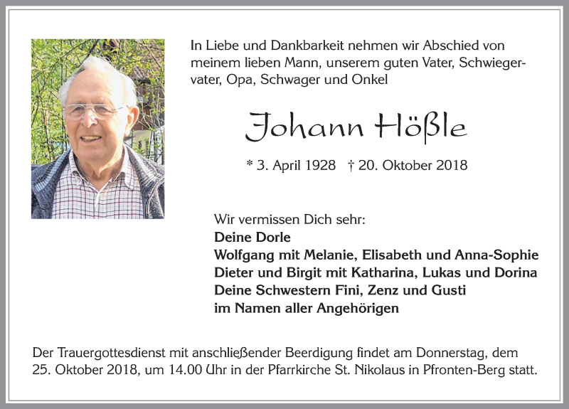 Traueranzeige von Johann Hößle von Allgäuer Zeitung, Füssen