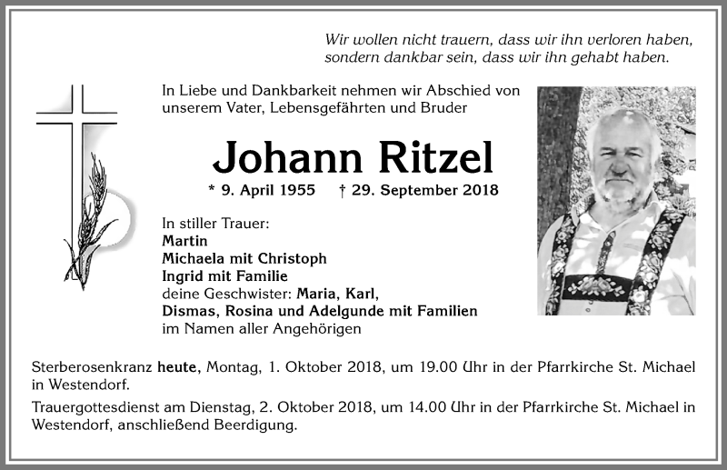 Traueranzeige von Johann Ritzel von Allgäuer Zeitung, Kaufbeuren/Buchloe