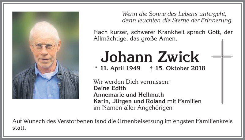 Traueranzeige von Johann Zwick von Allgäuer Zeitung, Kaufbeuren/Buchloe