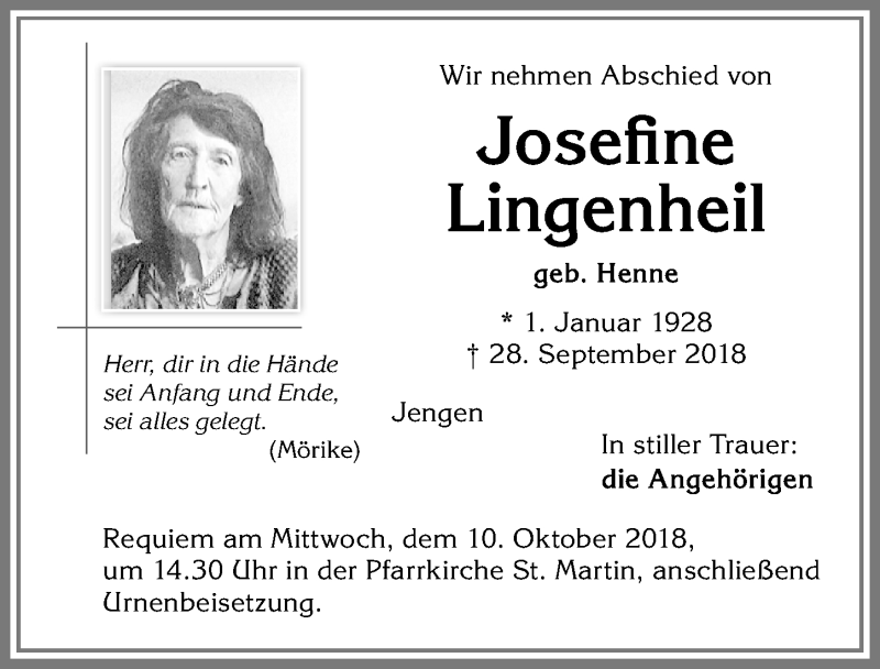 Traueranzeige von Josefine Lingenheil von Allgäuer Zeitung, Kaufbeuren/Buchloe