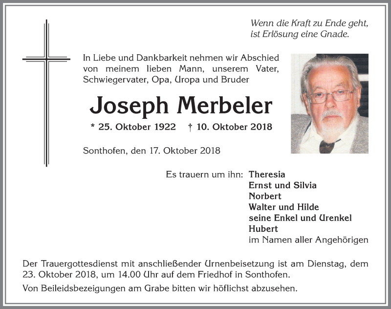 Traueranzeige von Joseph Merbeler Merbeler von Allgäuer Anzeigeblatt