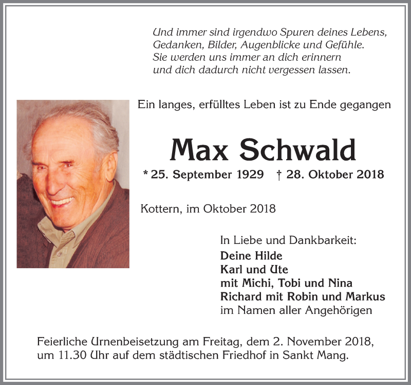  Traueranzeige für Max Schwald vom 31.10.2018 aus Allgäuer Zeitung,Kempten