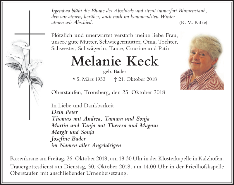  Traueranzeige für Melanie Keck vom 25.10.2018 aus Der Westallgäuer