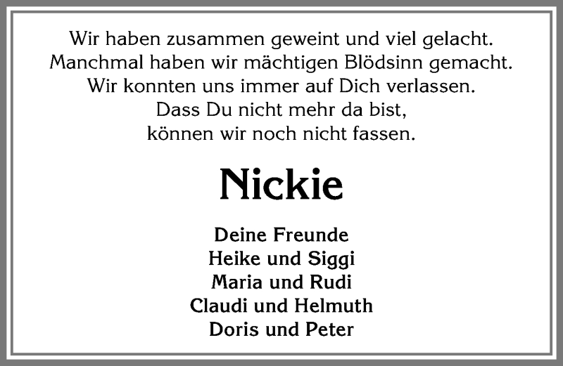 Traueranzeige von Nickie  von Allgäuer Anzeigeblatt
