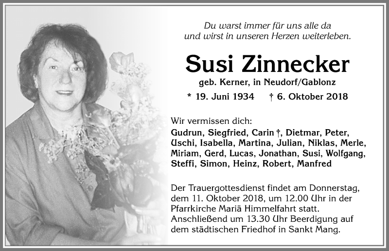 Traueranzeige von Susi Zinnecker von Allgäuer Zeitung,Kempten