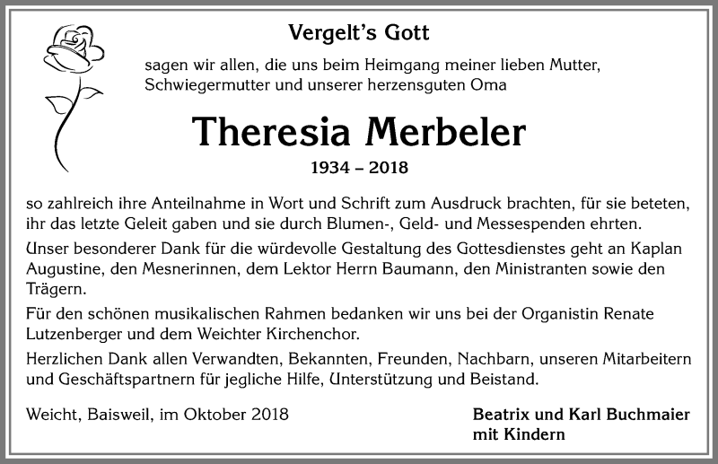 Traueranzeige von Theresia Merbeler von Allgäuer Zeitung, Kaufbeuren/Buchloe