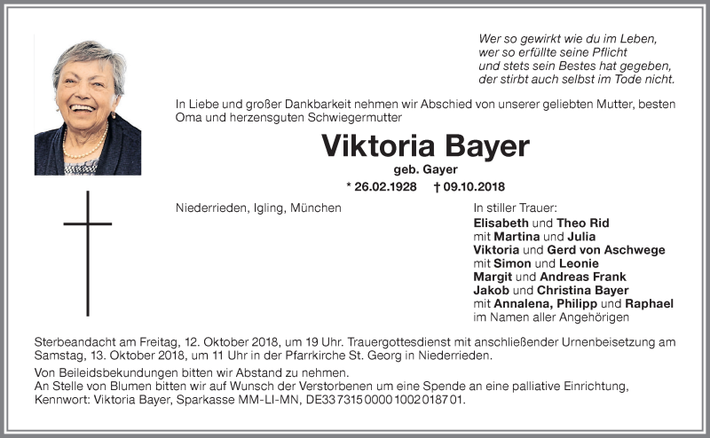 Traueranzeige von Viktoria Bayer von Memminger Zeitung