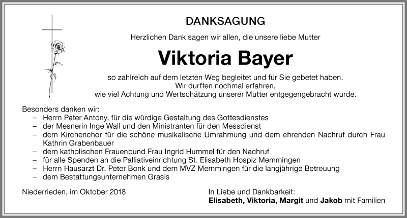 Traueranzeige von Viktoria Bayer von Memminger Zeitung