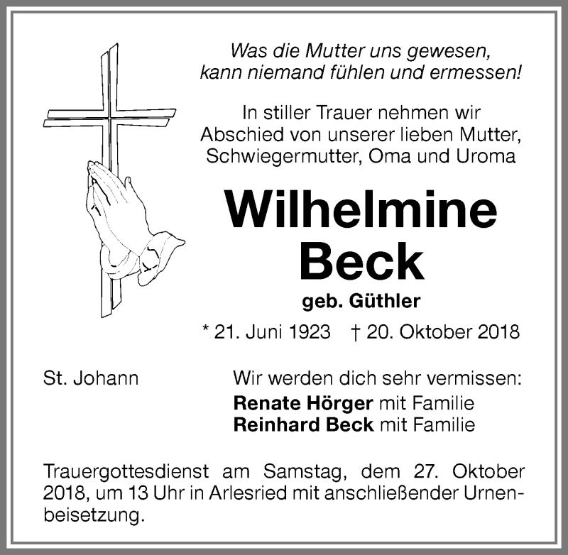 Traueranzeige von Wilhelmine Beck von Memminger Zeitung