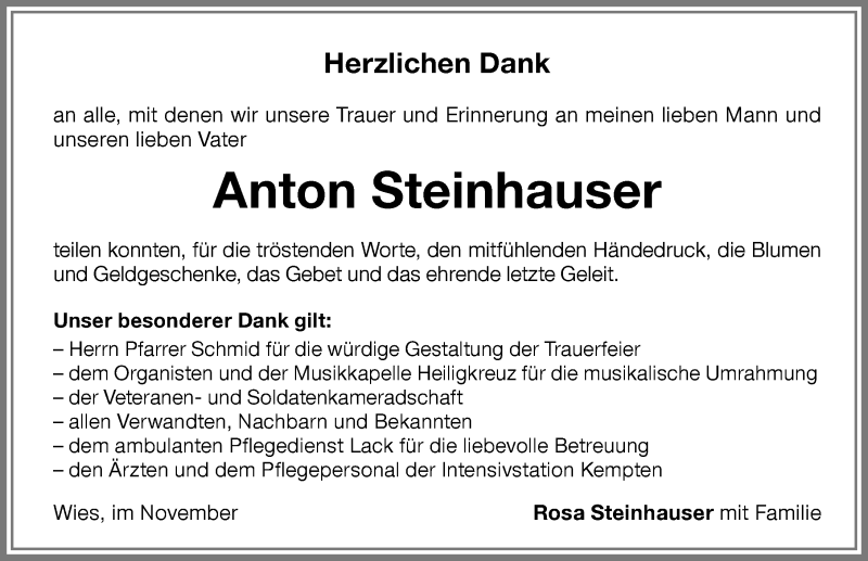 Traueranzeige von Anton Steinhauser von Allgäuer Zeitung,Kempten