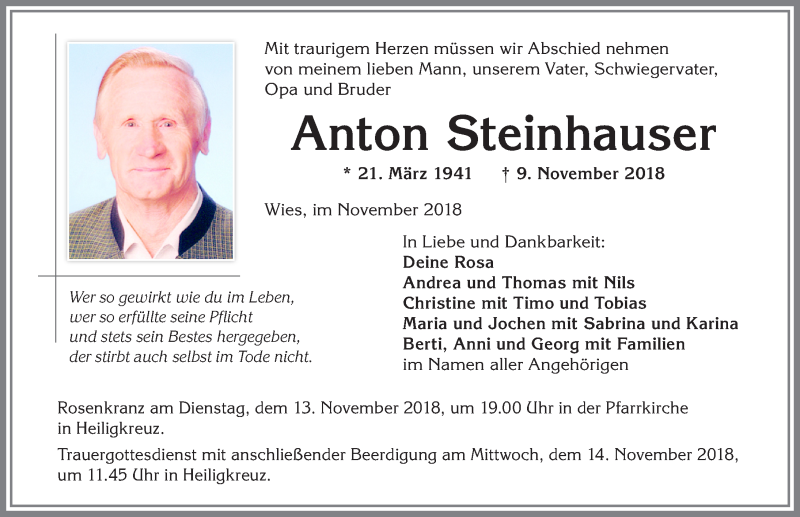 Traueranzeige von Anton Steinhauser von Allgäuer Zeitung,Kempten