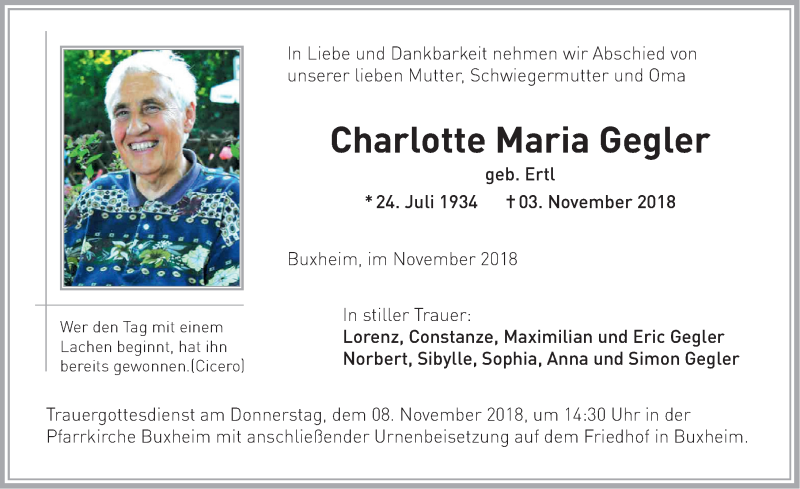 Traueranzeigen von Charlotte Maria Gegler | Augsburger Allgemeine Zeitung