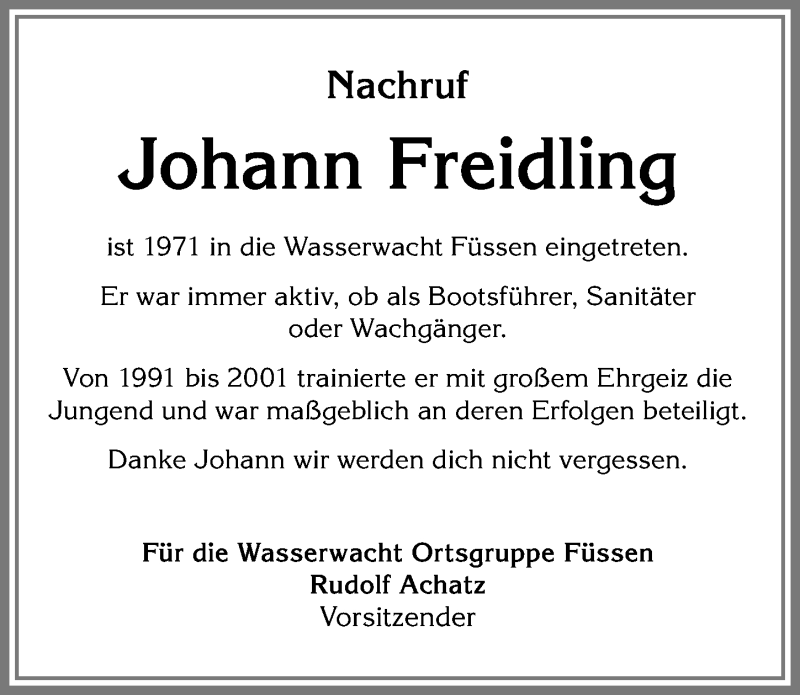 Traueranzeige von Johann Freidling von Allgäuer Zeitung, Füssen