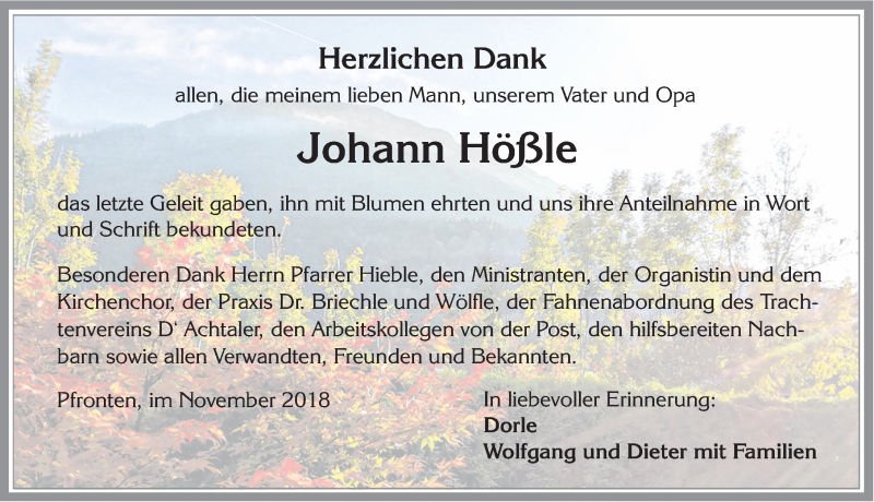 Traueranzeige von Johann Hößle von Allgäuer Zeitung, Füssen