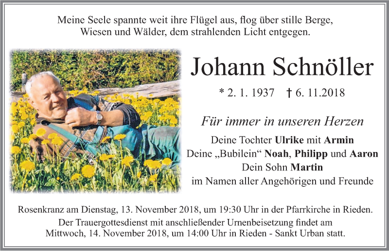 Traueranzeige von Johann Schnöller von Allgäuer Zeitung, Füssen