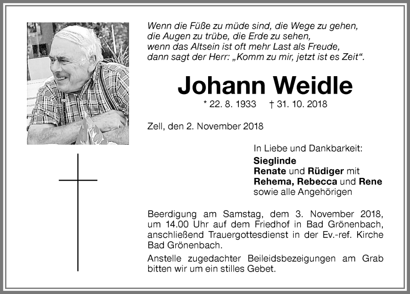 Traueranzeige von Johann Weidle von Memminger Zeitung