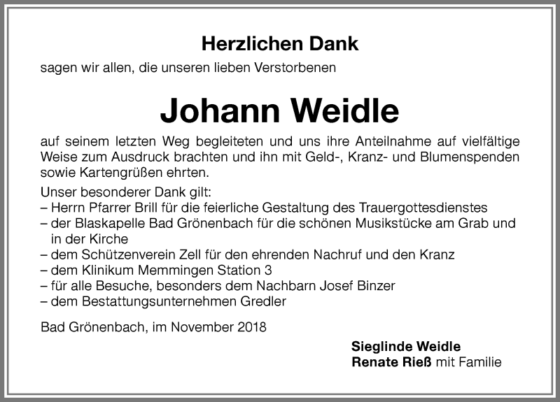 Traueranzeige von Johann Weidle von Memminger Zeitung