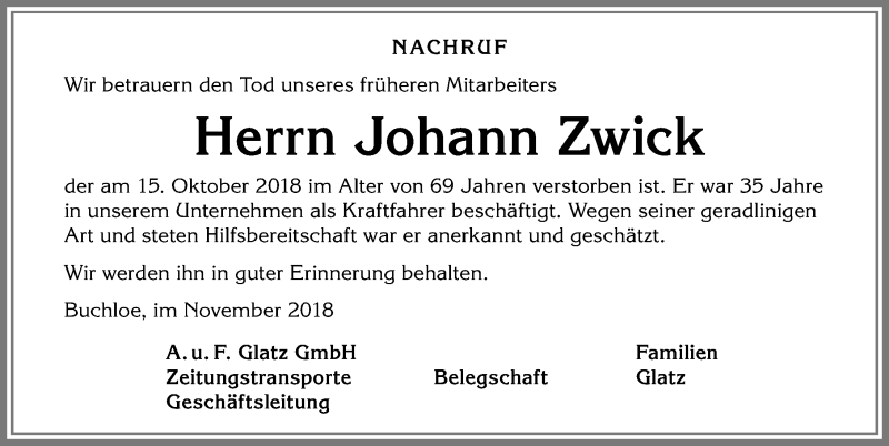 Traueranzeige von Johann Zwick von Allgäuer Zeitung, Kaufbeuren/Buchloe