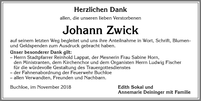 Traueranzeige von Johann Zwick von Allgäuer Zeitung, Kaufbeuren/Buchloe