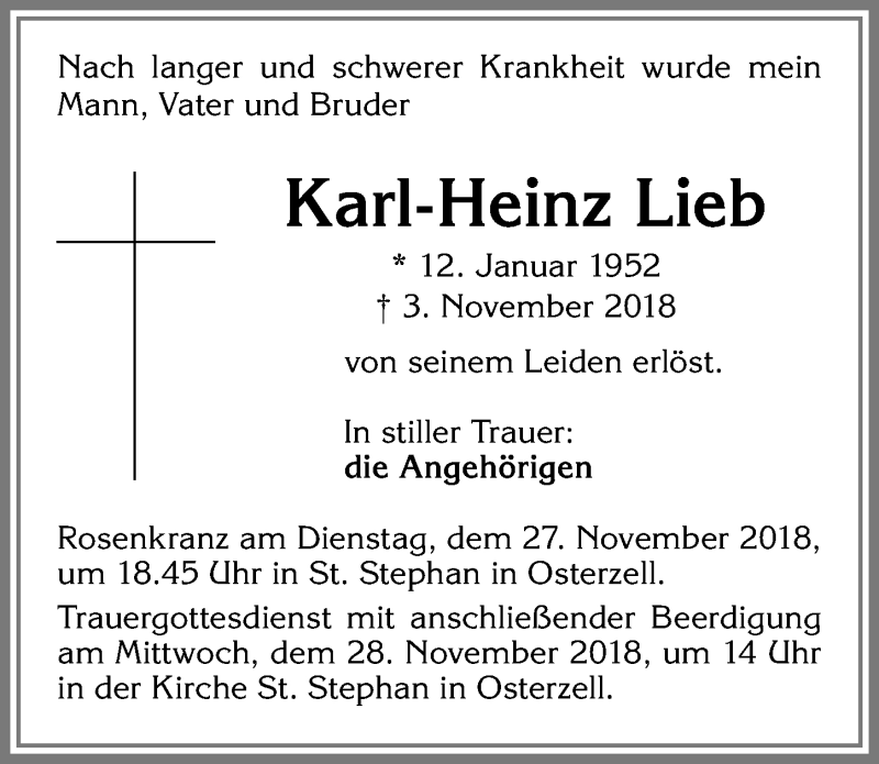 Traueranzeige von Karl-Heinz Lieb von Allgäuer Zeitung, Kaufbeuren/Buchloe