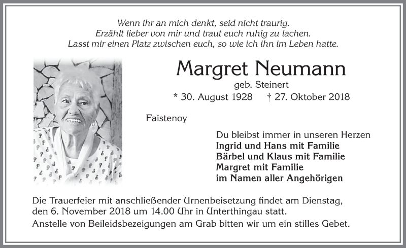 Traueranzeige von Margret Neumann von Allgäuer Zeitung,Kempten