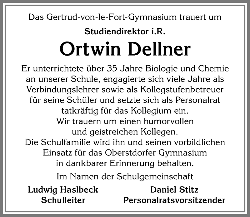  Traueranzeige für Ortwin Dellner vom 03.11.2018 aus Allgäuer Anzeigeblatt