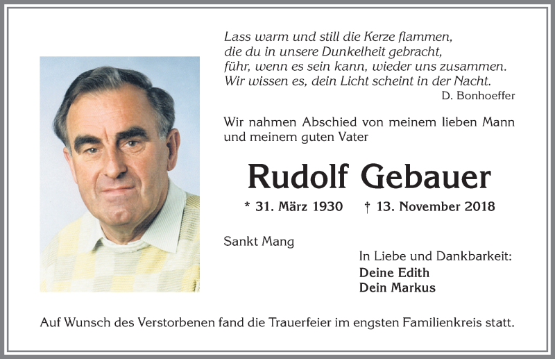 Traueranzeige von Rudolf Gebauer von Allgäuer Zeitung,Kempten