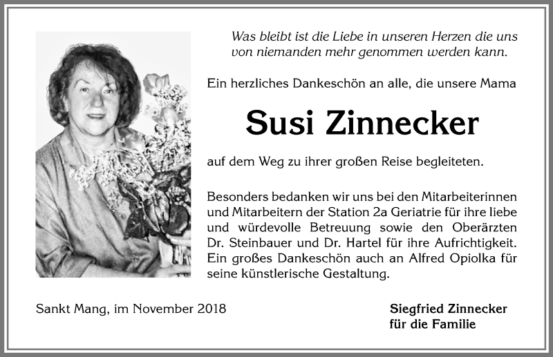 Traueranzeige von Susi Zinnecker von Allgäuer Zeitung,Kempten