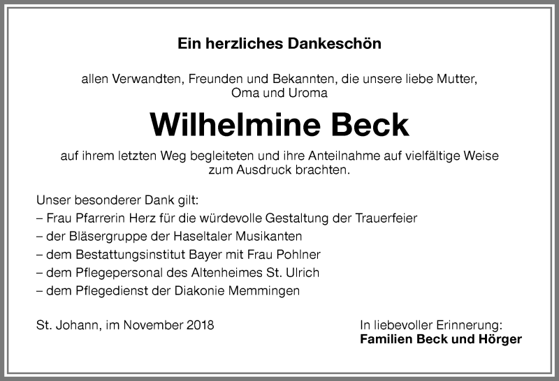 Traueranzeige von Wilhelmine Beck von Memminger Zeitung