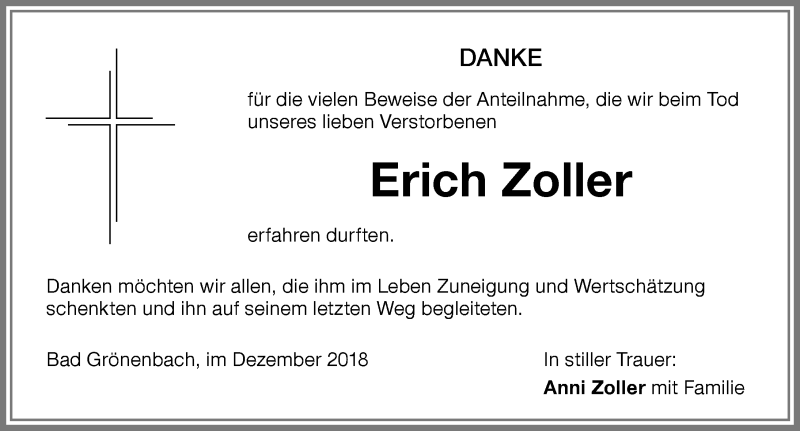 Traueranzeige von Erich Zoller von Memminger Zeitung