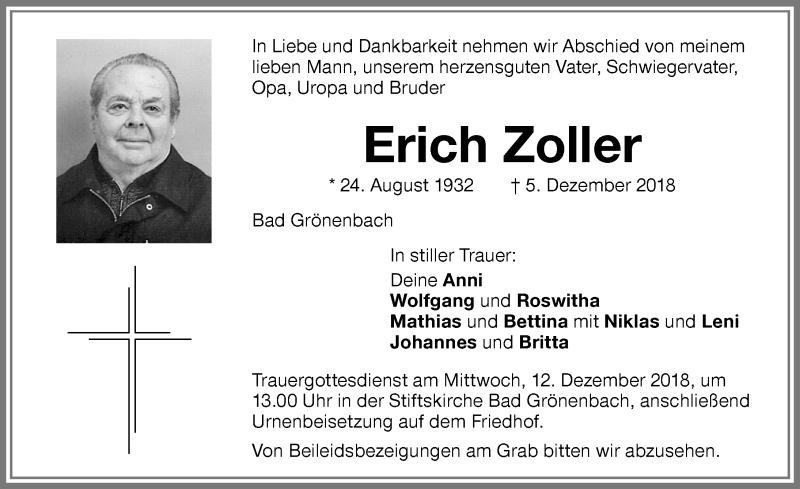 Traueranzeige von Erich Zoller von Memminger Zeitung