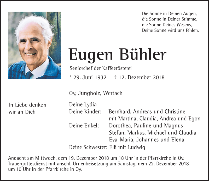 Traueranzeigen Von Eugen B Hler Augsburger Allgemeine Zeitung