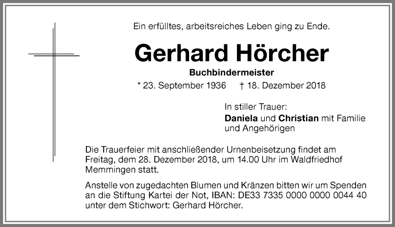 Traueranzeige von Gerhard Hörcher von Memminger Zeitung