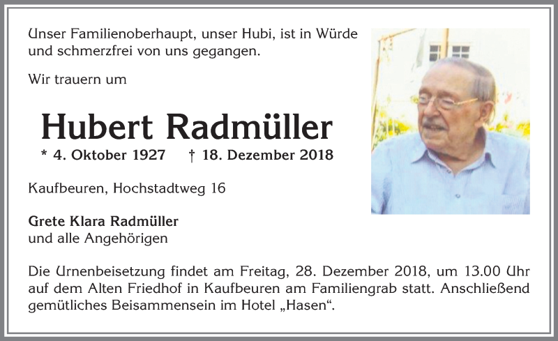 Traueranzeige von Hubert Radmüller von Allgäuer Zeitung, Kaufbeuren/Buchloe