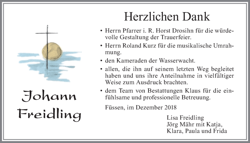 Traueranzeige von Johann Freidling von Allgäuer Zeitung, Füssen