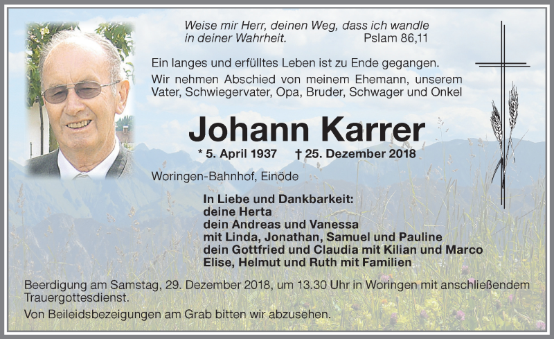 Traueranzeige von Johann Karrer von Memminger Zeitung