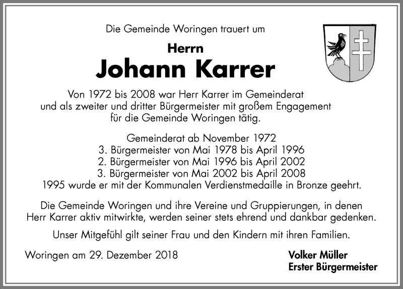 Traueranzeige von Johann Karrer von Memminger Zeitung