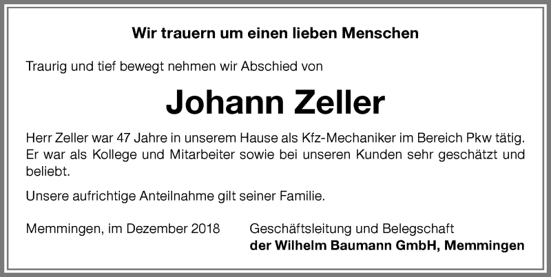 Traueranzeige von Johann Zeller von Memminger Zeitung